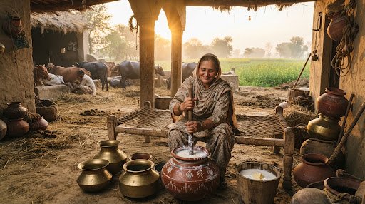 Pakistani traditional dairy farm in Punjab at sunrise
